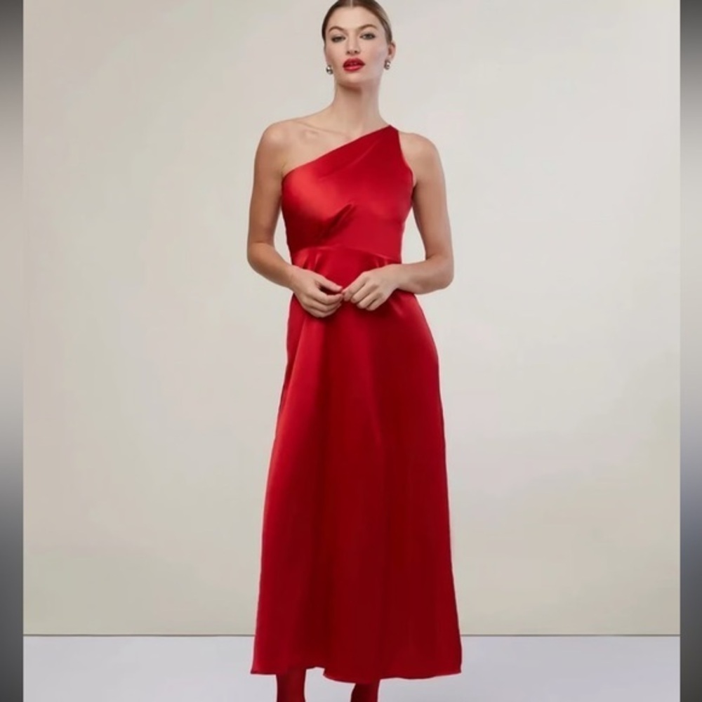 Rachel Parcell Vibrant cherry  Red silky one 
Shoulder Slit Midi Dress size 2